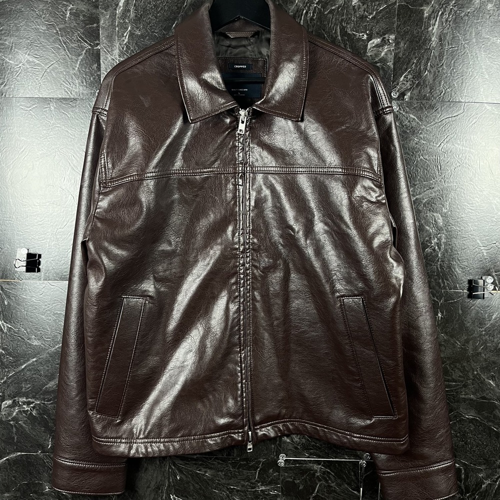 Abercrombie&Fitch Men's Brown Cropped Leather Harrington Jacket Large